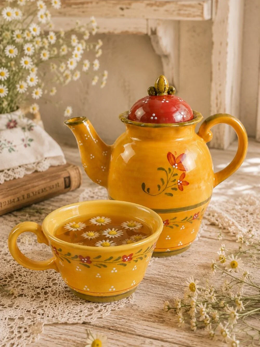 Vintage French Country Teapot & Matching Tea Cup Bienvenue by Demdaco